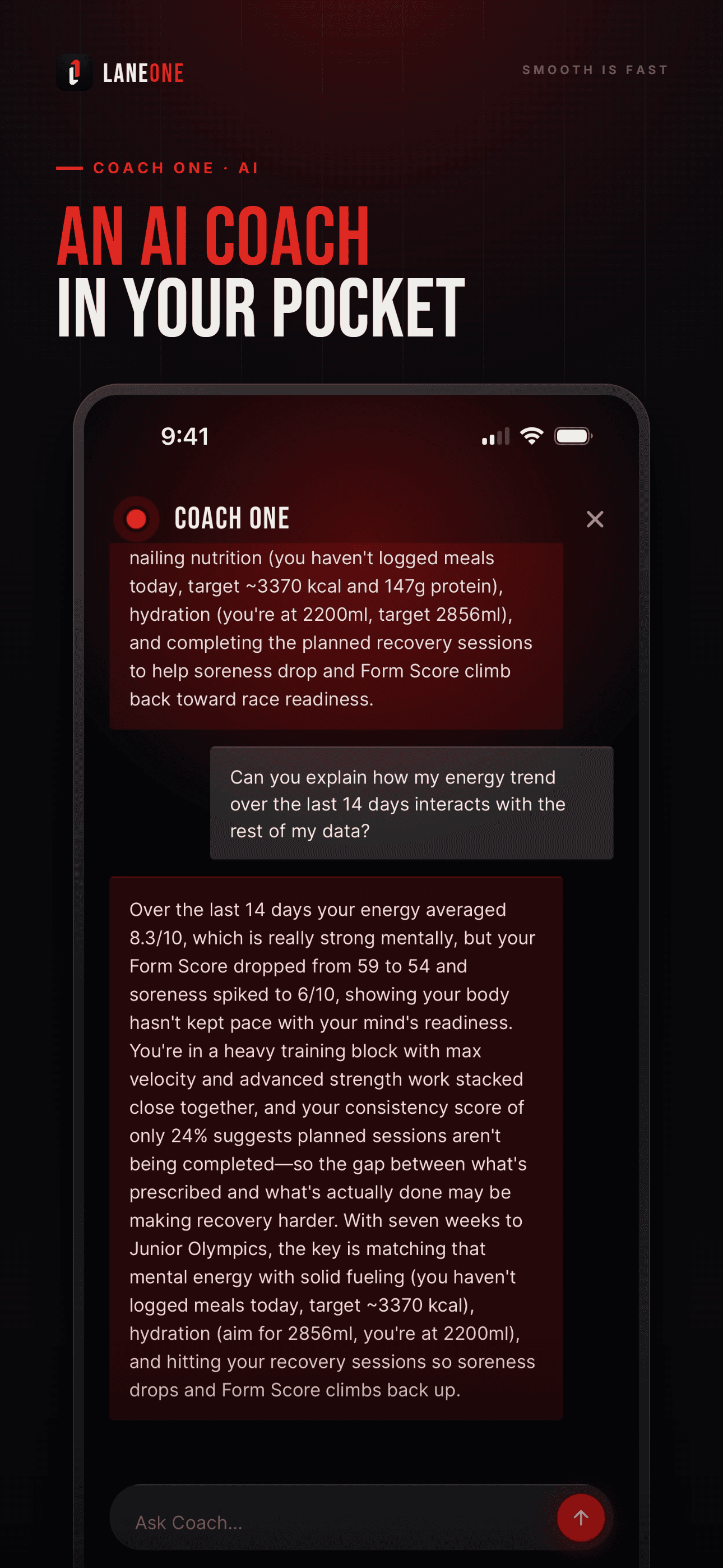 Coach One — the AI coach — answering a training question