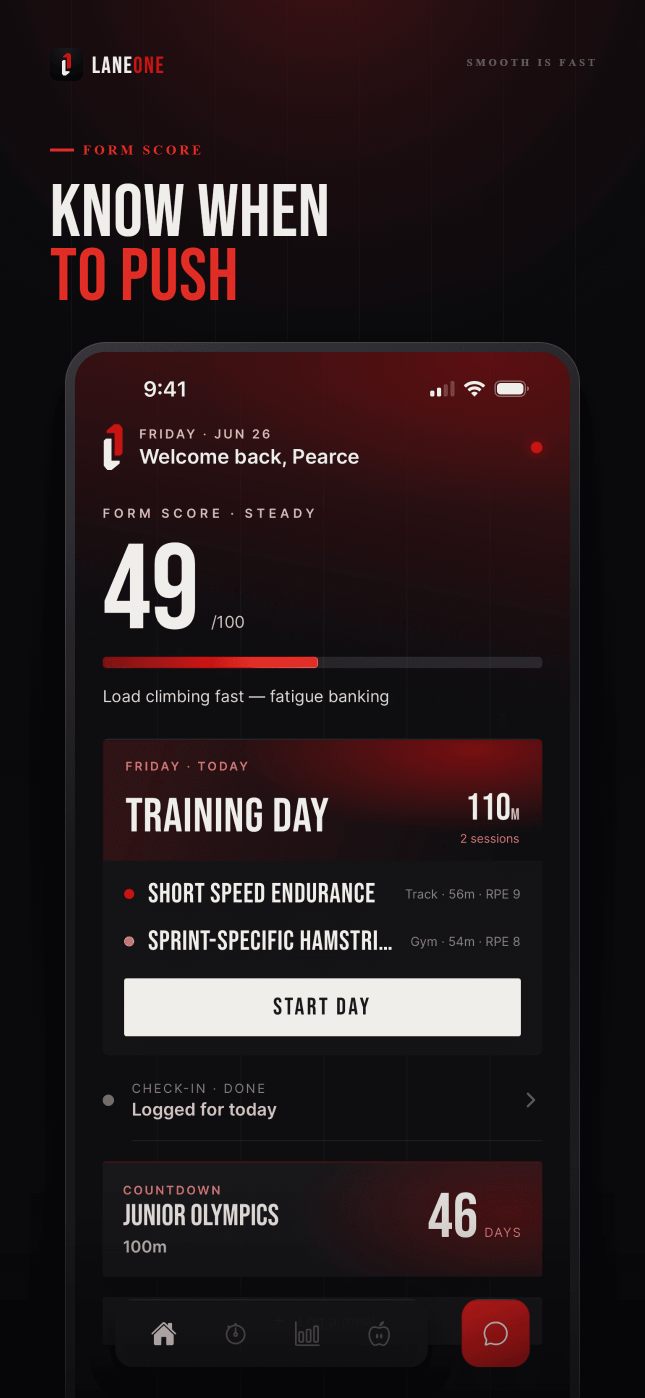 LaneOne home screen showing daily Form Score and training day