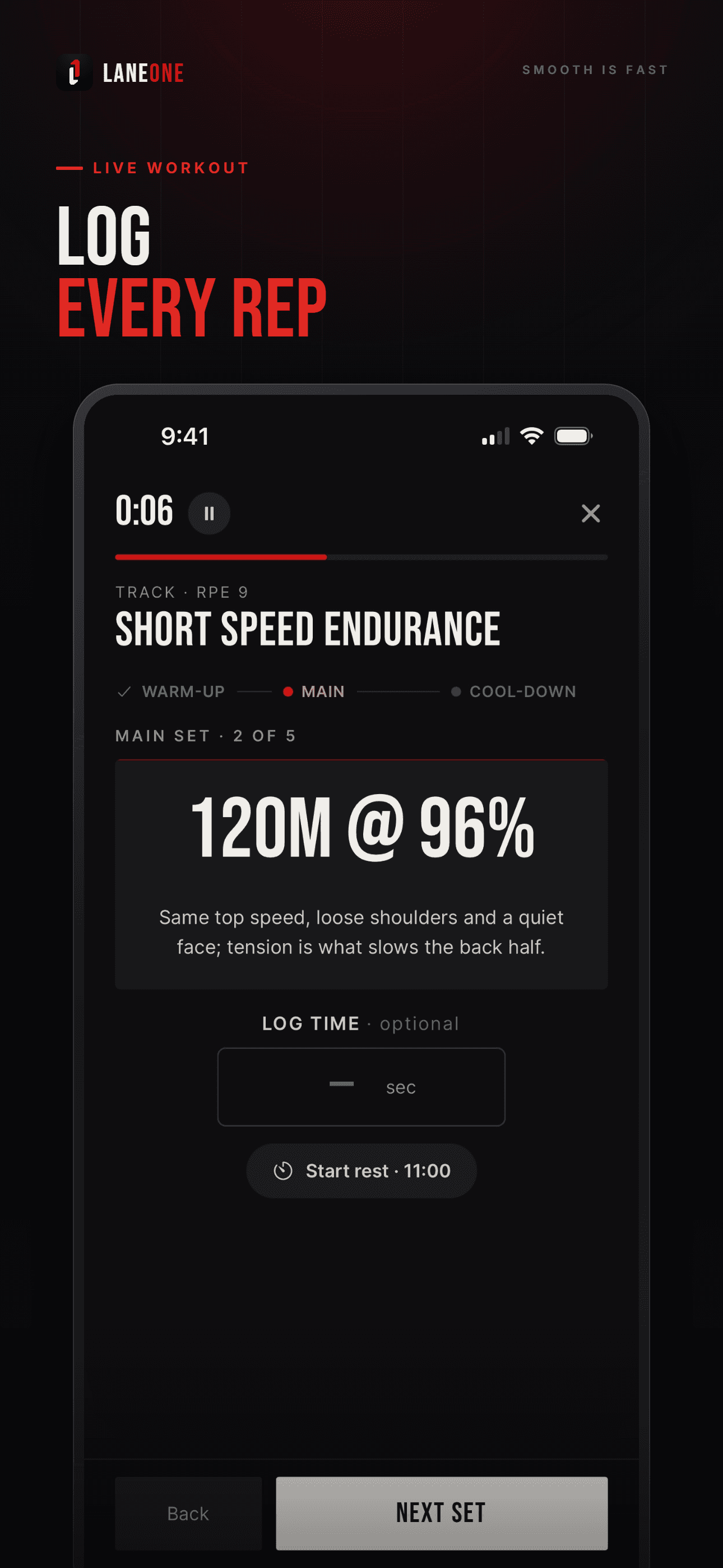 Live workout screen logging a set rep by rep